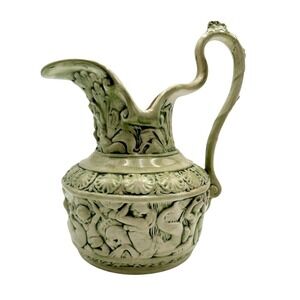 VTG Studio Pottery Greek Cherubs Ewer Pitcher Green Baroque Handmade Decor Vase